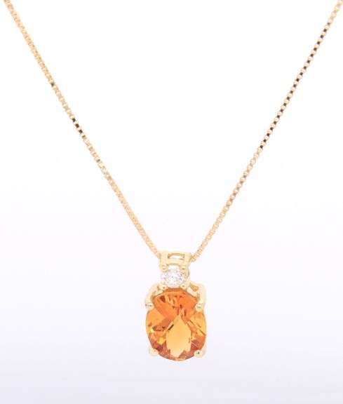 14kt Yellow Gold Oval Citrine and Diamond Pendant on chain