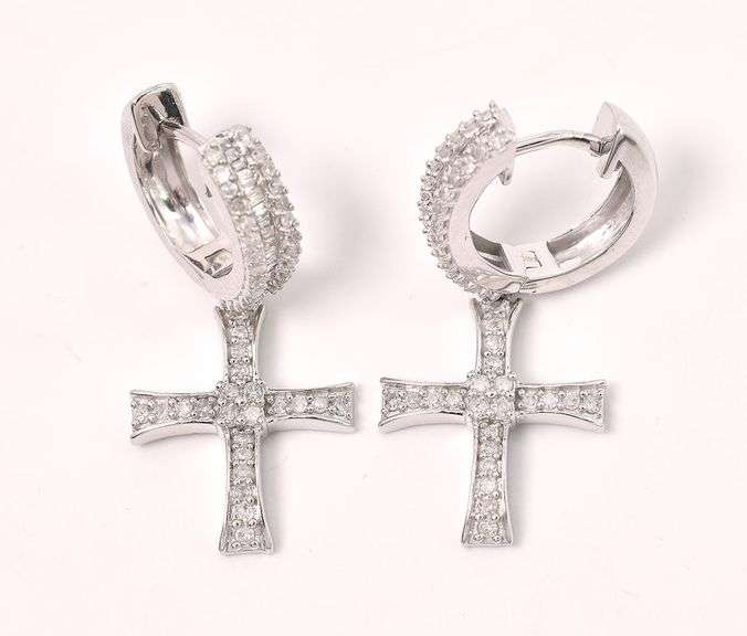 Immaculate Approx. 1.00CTW Diamond Cross Dangle Earrings in 14K White Gold