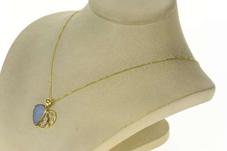 18K Yellow Gold Black Opal Diamond Wave Heart Love Pendant