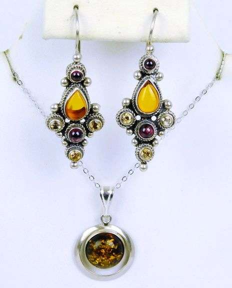 Sterling Amber Necklace & Gemstone Earrings