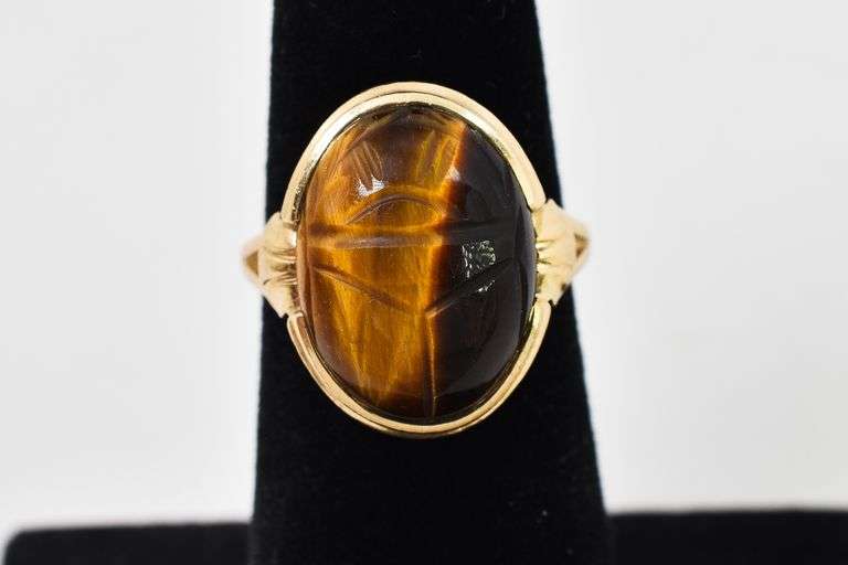 Honorable 10K Yellow Gold Tiger's Eye Scarab Ring
