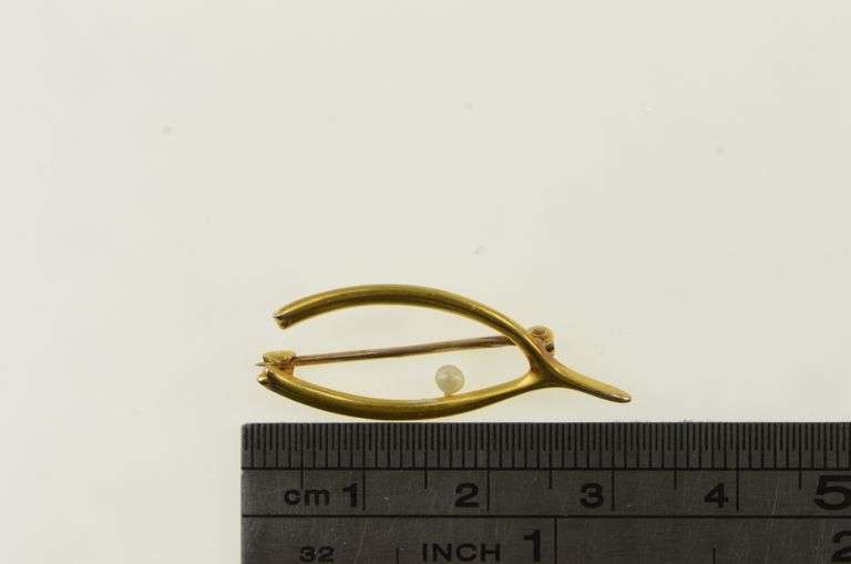 10K Yellow Gold Wish Bone Good Luck Lucky Pearl Pin/Brooch
