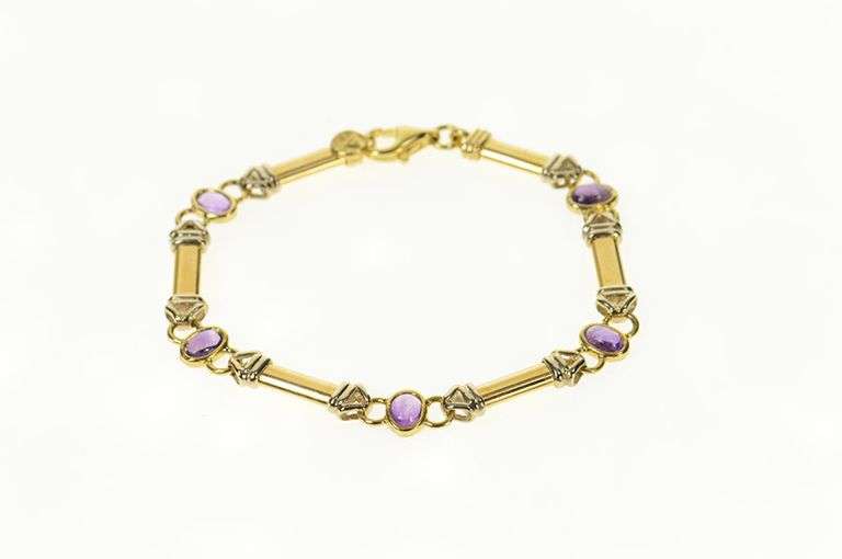 14K Yellow Gold Ornate Oval Amethyst Bar Link Statement Bracelet
