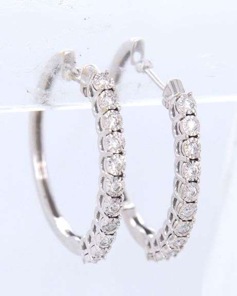 10kt White gold Illusion set diamond hoop earrings