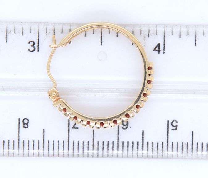 14kt Yellow gold garnet hoop earrings