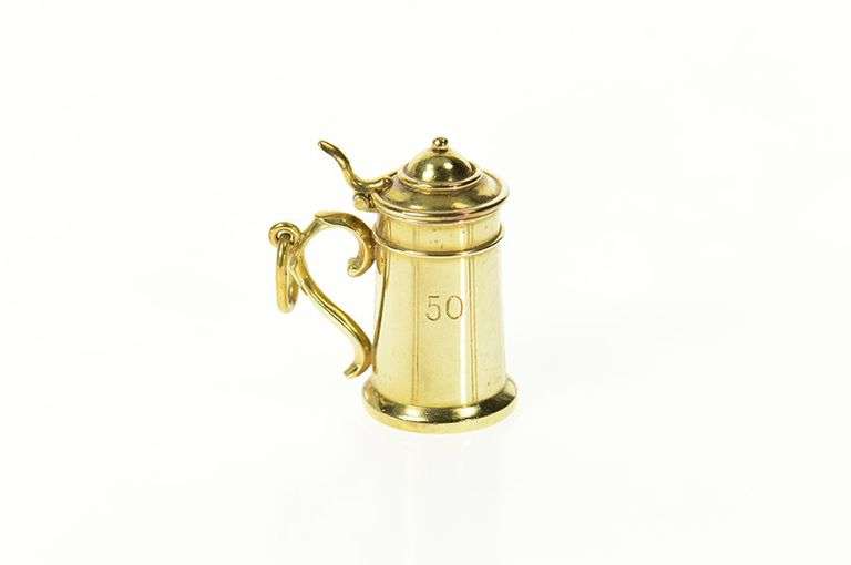 10K Yellow Gold Articulated 50 Engrave German Beer Stein Charm/Pendant