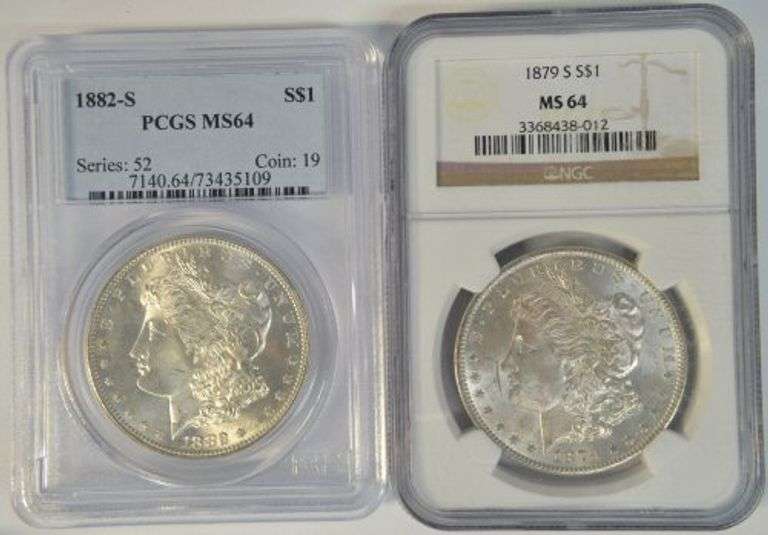 MS64 graded 1879-S (NGC) & 1882-S (PCGS) Morgan Silver Dollars