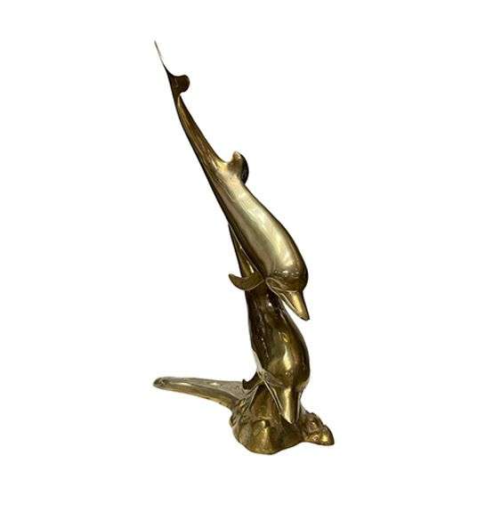 1970s Hollywood Regency Solid Brass Swimming Dolphins Sculpture 16 Inch