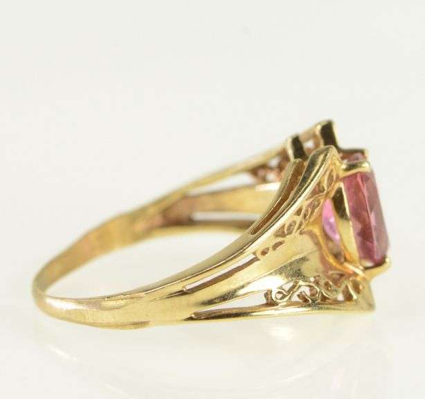 10K Yellow Gold Pink Topaz Ornate Vintage Statement Ring