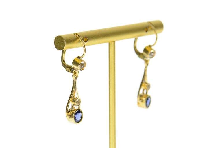 14K Yellow Gold Victorian Syn. Sapphire CZ Ornate Dangle Earrings
