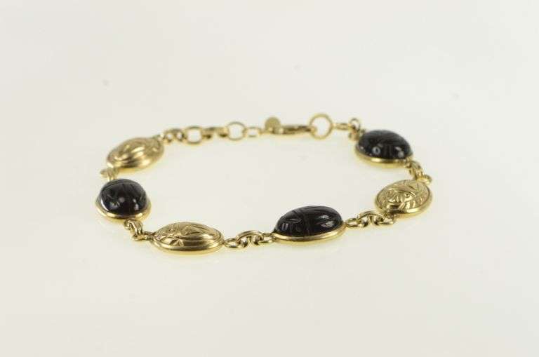 14K Yellow Gold Carved Black Onyx Scarab Egyptian Bracelet
