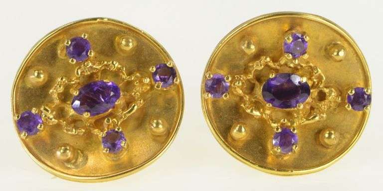 14K Yellow Gold Naomi Amethyst Etruscan Revival Screw Earrings