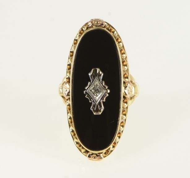 10K Yellow Gold Ornate Black Onyx Diamond Statement Ring