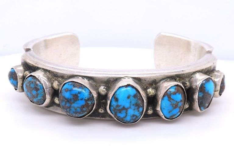 Heavy signed 925 sterling silver turquoise cuff bangle