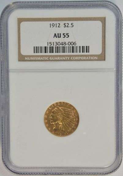 Better date 1912 US $2.50 Indian Gold Piece in near Mint. NGC AU55
