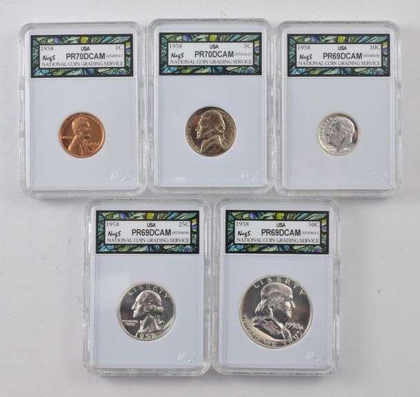 (5) 1958 PF70&69DCAM Set Cent Nickel Dime Quarter Half Dollar NCGS