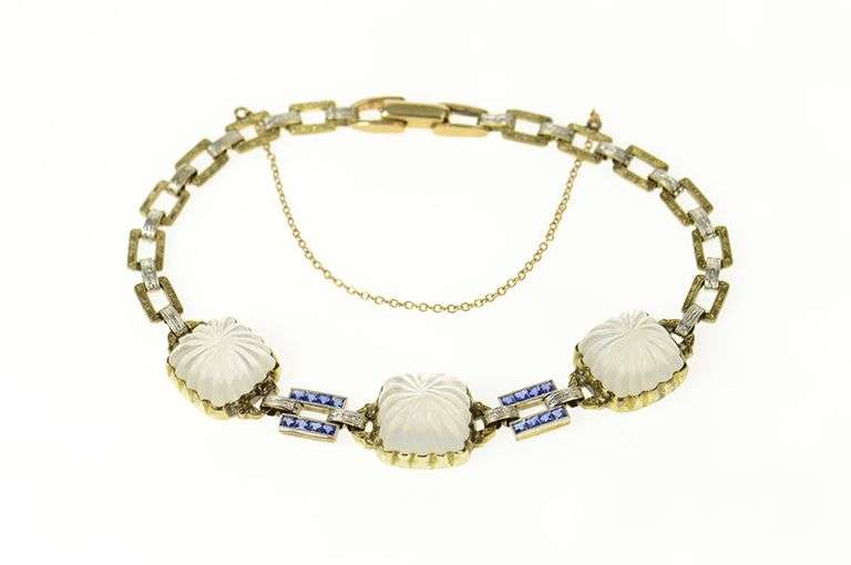 14K Yellow Gold Art Deco Camphor Glass Syn. Sapphire Bracelet