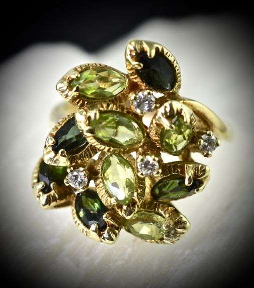 Fascinating 14K Yellow Gold Peridot & Tourmaline Ring