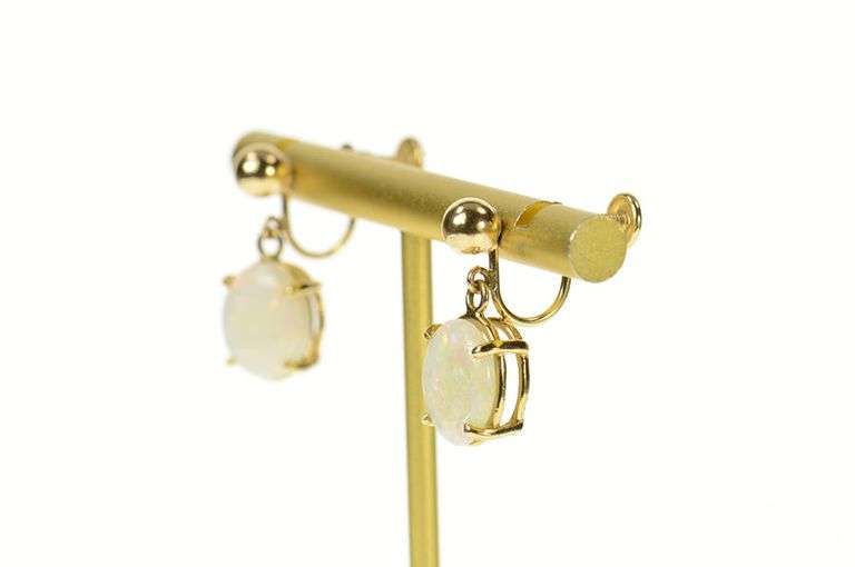 14K Yellow Gold Opal Inset Retro Dangle Screw Back Earrings