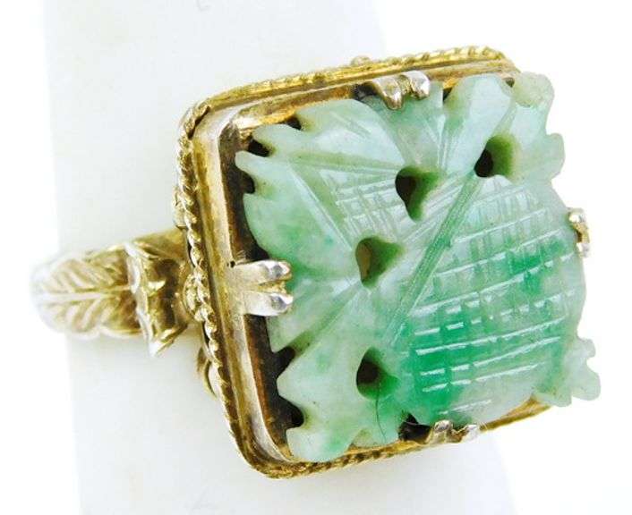 Vintage Silver Carved Jade Ring, Size 6.5