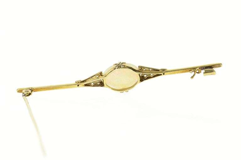 14K Yellow Gold Oval Natural Opal Victorian Diamond Bar Pin/Brooch