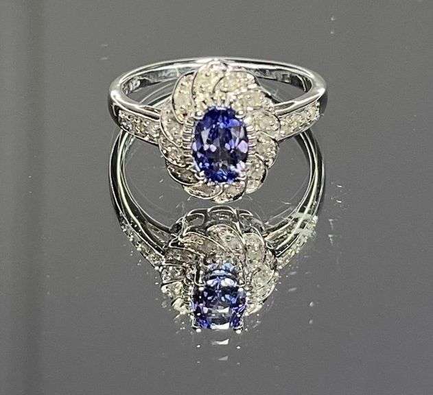 Rhodium Plated Natural Tanzanite & Diamond Ring