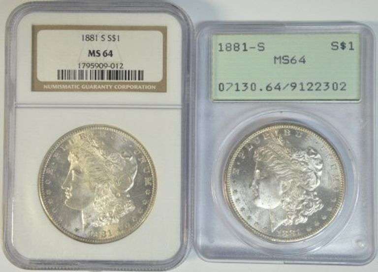 2 Near Gem BU 1881-S Morgan Silver Dollars. MS64 graded