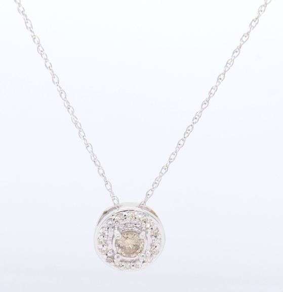 14kt White gold top light brown and white diamond halo pendant on chain necklace