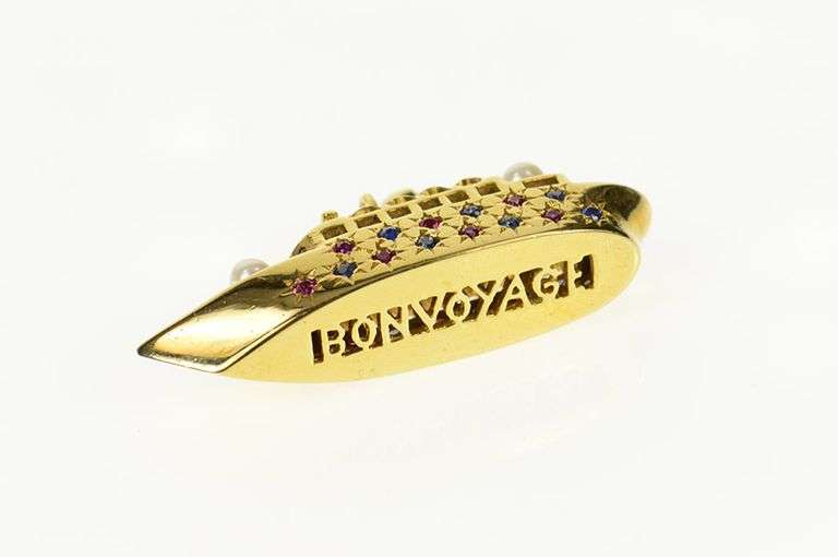 18K Yellow Gold Ruby Sapphire Cruise Liner Ship Bon Voyage Pendant