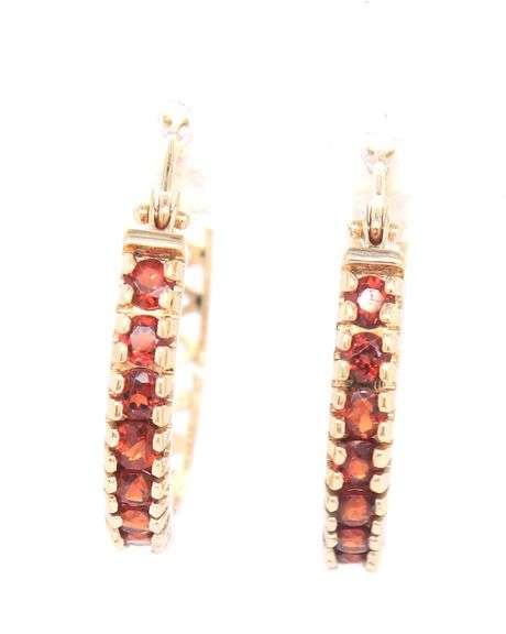 14kt Yellow gold garnet hoop earrings