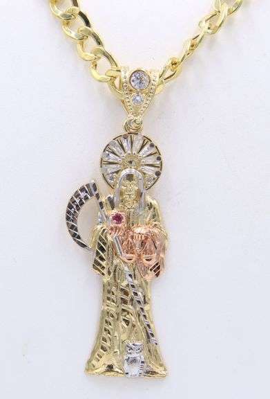 14kt Yellow gold Santa Muerte cubic zirconia pendant on chain