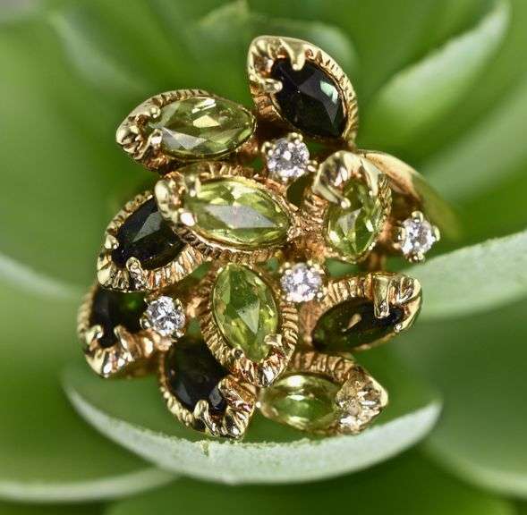 Fascinating 14K Yellow Gold Peridot & Tourmaline Ring