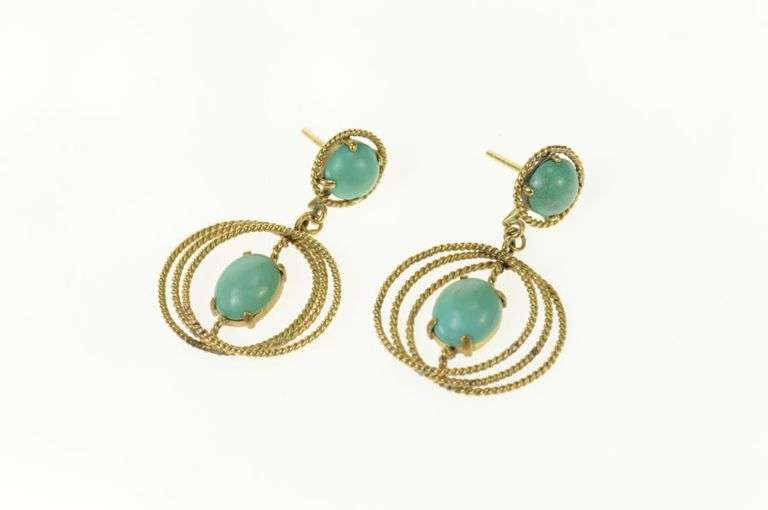 14K Yellow Gold Turquoise Rope Twist Dangle Screw Back Earrings