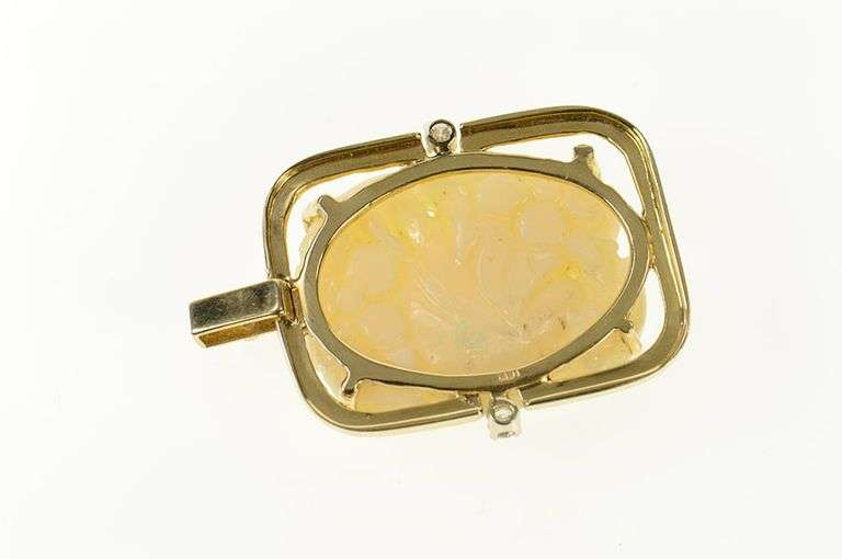 14K Yellow Gold Natural Opal Carved Floral Diamond Accent Pendant