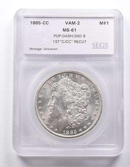 MS61 1885-CC Morgan Silver Dollar VAM 2 Dash/2nd 8 1st C/CC Recut SEGS