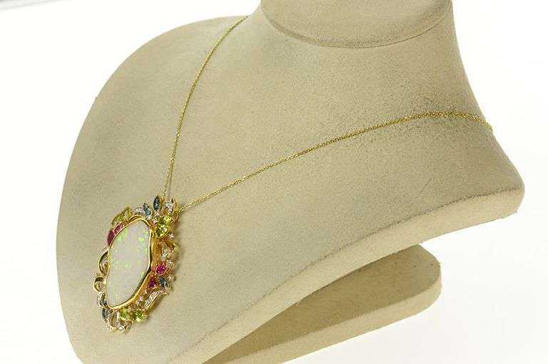 18K Yellow Gold Opal Peridot Topaz Tourmaline Diamond Pendant