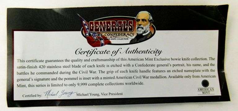 Robert E. Lee Confederate Bowie Knife w/COA, Like New