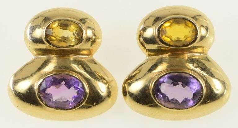 14K Yellow Gold Amethyst Citrine Vintage Geometric Earrings