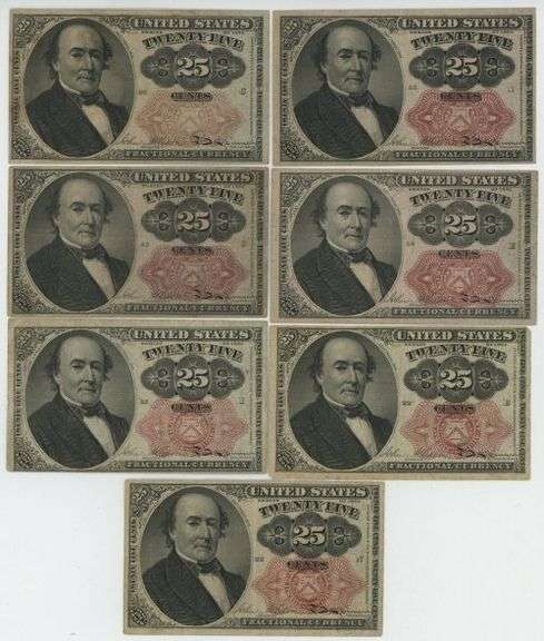 Great lot of Seven (7) 1874 5th Issue 25c Fractional Currency Notes. Nice