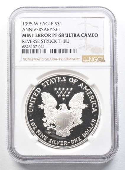 PF68 UCAM 1995-W American Silver Eagle Anniv Error REV Struck Thru NGC
