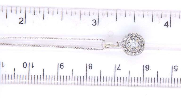 10kt White gold diamond double halo pendant on box chain necklace