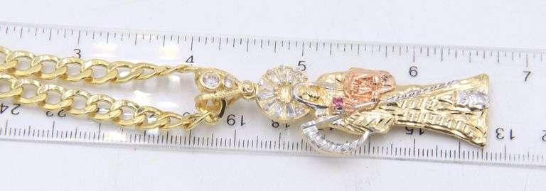 14kt Yellow gold Santa Muerte cubic zirconia pendant on chain