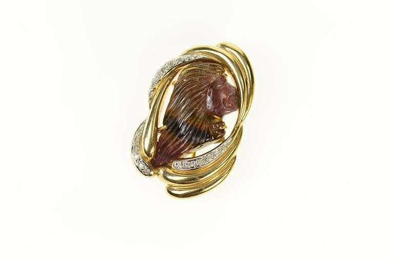 14K Yellow Gold Carved Tourmaline Cameo Diamond Swirl Pendant/Pin