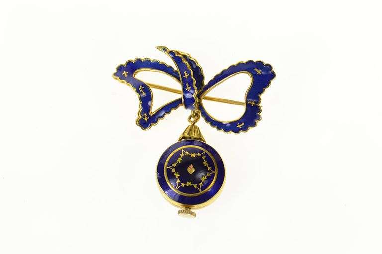 18K Yellow Gold Altair Victorian Blue Enamel Watch Bow Pin/Brooch