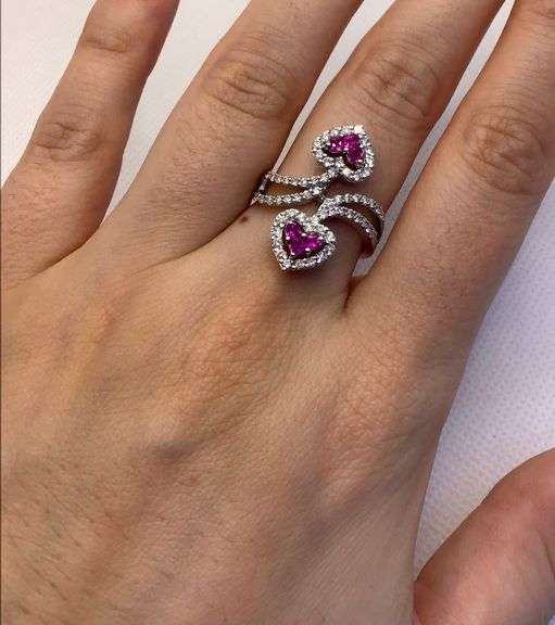 GORGEOUS 14K WHITE GOLD HEART SHAPED RUBY AND DIAMOND COCKTAIL RING