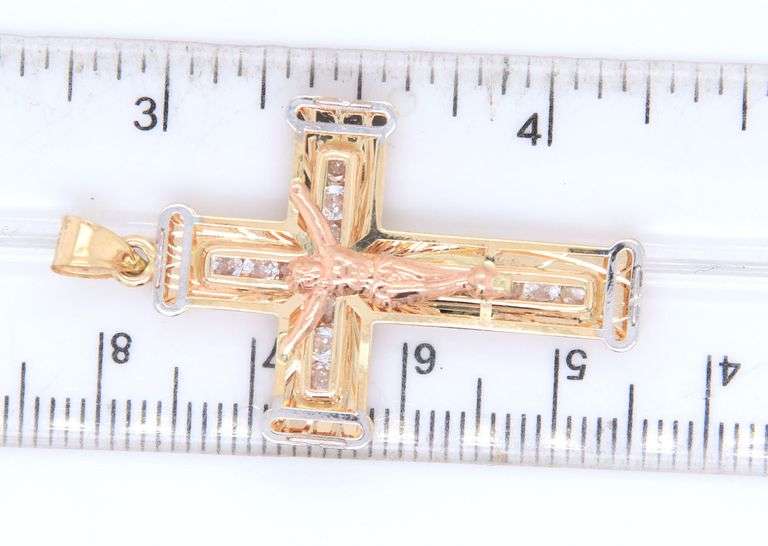 14kt Tri color gold crucifix cross cubic zirconia pendant