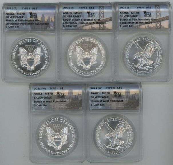 Flawless 2021 American Eagle $1 Silver Dollar 5-Coin Set. ANACS MS70