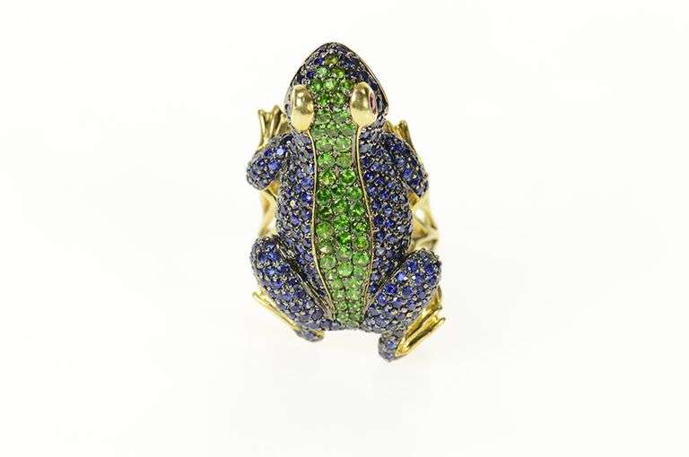 14K Yellow Gold Pave Sapphire Peridot Ruby Frog Statement Ring