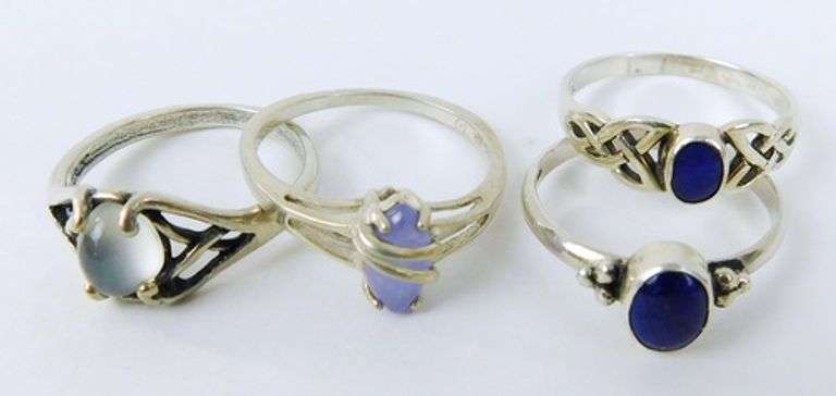 4 Sterling Silver Gemstone Rings, Size 9