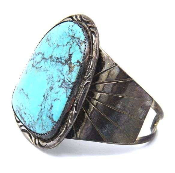 Vintage 925 sterling silver signed huge turquoise cuff bangle